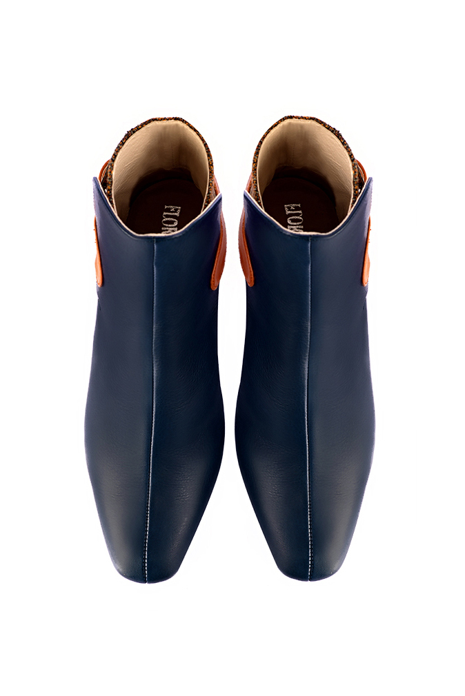 Women's navy blue and terracotta orange elegant ankle boots, with buckles at the back. Square toe. Medium block heels - Top view